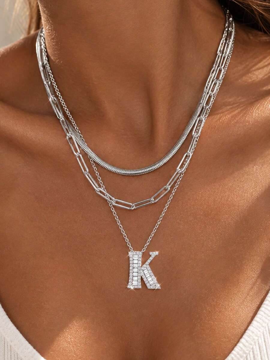 rakol 3pcs Fashion Minimalist Layered Necklace Set With 26 Letter Pendant Necklaces, Suitable For Women's Daily Wear - Letter - View 1