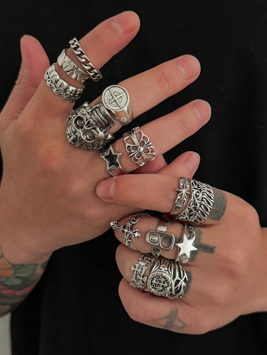 16pcs/Set Vintage Punk Gothic Style Multi-Element Combination Ring Set, Metal Skull Cross Decor Rings, Men's Rock Street Fashion Accessories - Antique Silver - View 1