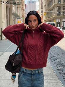 VIBEWAVE Women's Burgundy Half-Zip Cable Knit Cropped Sweater, Vintage Relaxed Loose Drop Shoulder Pullover Top For Autumn/Winter - Red - View 1