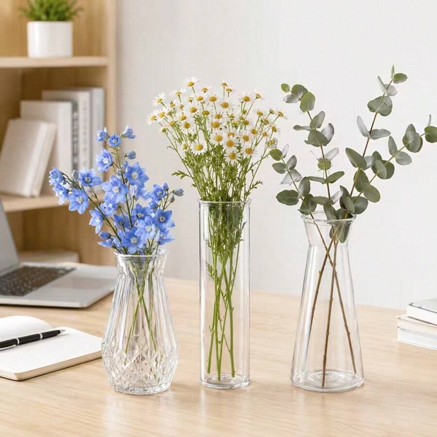 3PCS Transparent Plastic Vase Set, 2 Styles Mini Transparent Vases Suitable For Fresh Flowers, Artificial Flowers And Dried Flowers, Wedding Party Living Room Bedroom Dining Table Shelf And Home Decor Tabletop Centerpiece, Lightweight And Reusable Vase Set - White - View 1
