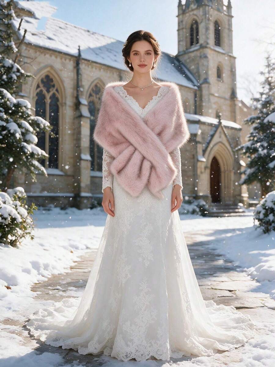 1PC Faux Fur Bridal Shawl Collar Autumn Winter Cape Banquet Wedding Dress Scarf - Two-tone Pink - View 1