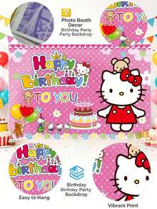 Fashion Sanrio Hello Kitty Birthday Banner Backdrop, Large Size Party Background Decor, Distinctive Pink Lace Texture Base, Kitty Character, Gift And - Multiple Styles - View 9
