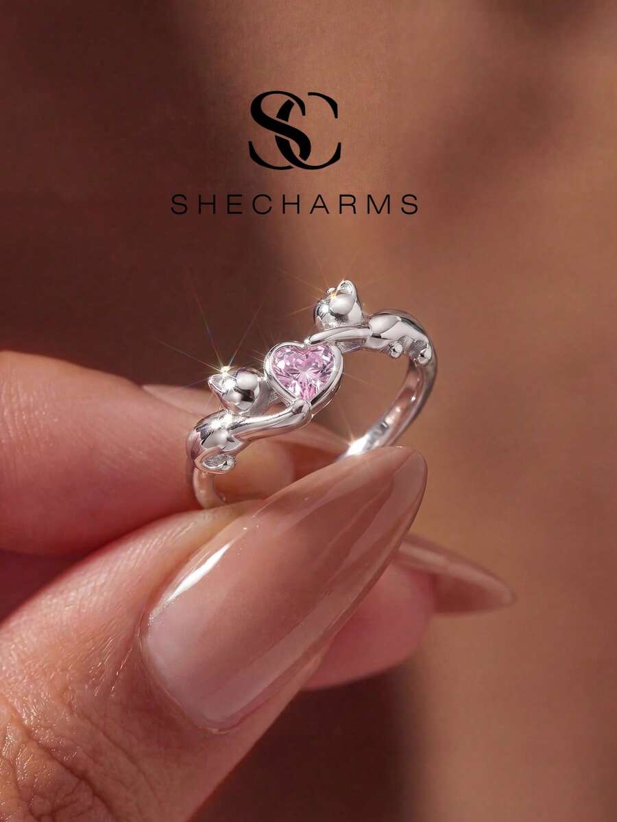 1pc Cat Paw Print Heart Shaped Ring, Suitable For Daily Wear And Party Occasions, High Quality Jewelry Gift - Style 12 - View 1