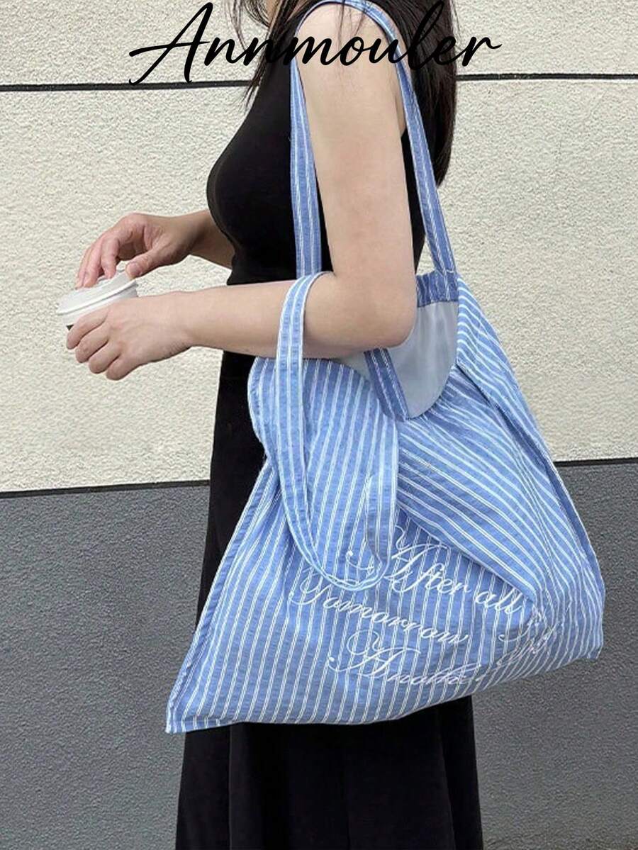 新款時尚休閒大條紋女款單肩包,大容量帆布通勤托特包,年輕女性包款 - 彩色 - 查看 1