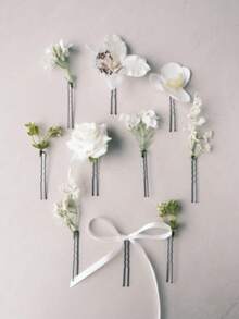 10-Piece Set Of Realistic White Lilies, Roses, And Baby's Breath Flower Hair Clips; Bohemian Bridal Updo Headpiece; Forest-Themed Floral Hair Accessory For Wedding Photos. - White - View 2