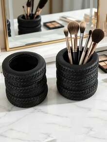 1pc Creative Simulated Tire Shaped Makeup Brush Holder, Car Enthusiast Desktop Accessory, Quirky Personalized Desk Storage Bin, Stationery Office Organizer Decor - Multicolor - View 1