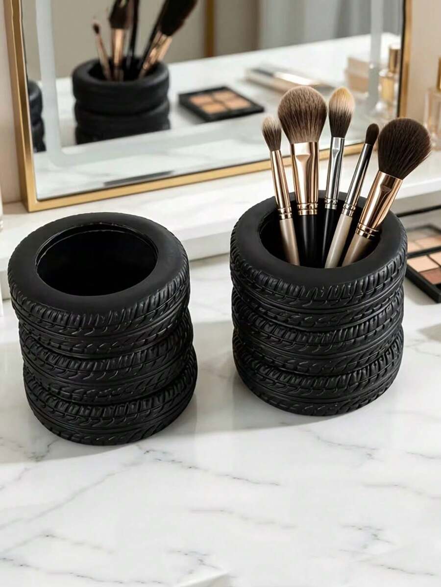 1pc Creative Simulated Tire Shaped Makeup Brush Holder, Car Enthusiast Desktop Accessory, Quirky Personalized Desk Storage Bin, Stationery Office Organizer Decor - Multicolor - View 1