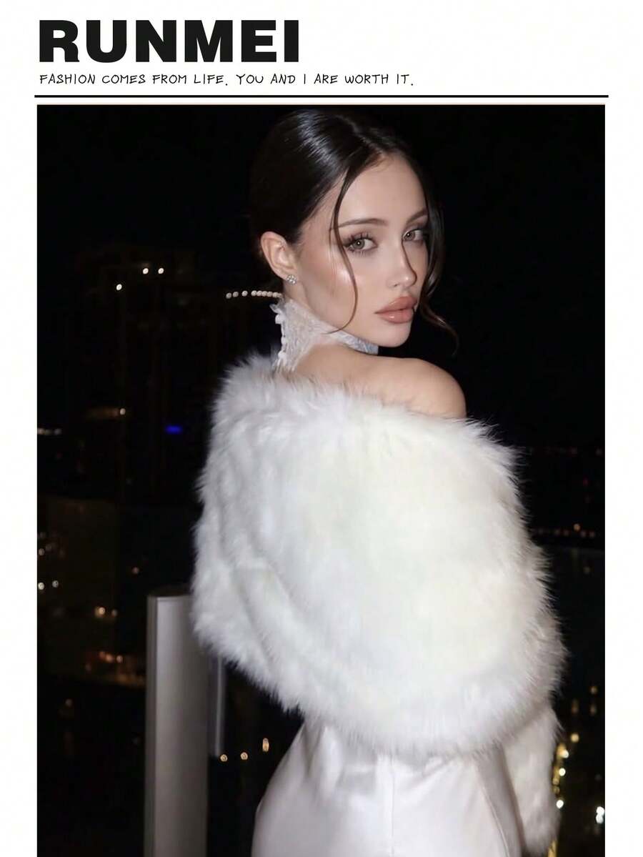 1pc Women's Fur Scarf Winter Plush Shawl, Wedding, Evening Party, Party Outfit Warm Clothing Accessory - Elegant White - View 1
