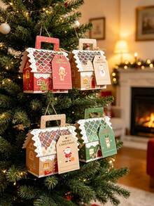 48/24/3pcs Christmas House Design Candy Boxes, Gingerbread House Snack Kraft Paper Packaging Box Set, Christmas Gift Box, Red, Beige, Green Set, Christmas Decoration, Christmas Pajamas, Christmas Gift - One Size Fits All - View 2