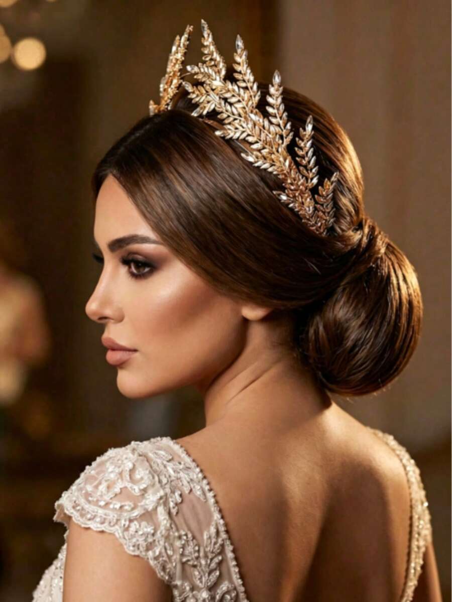 1pc Elegant Alloy Leaf Decorated Princess Crown Hair Accessory Wedding Party Ornament Suitable For Celebration Ball Festival Gift - Gold - View 1