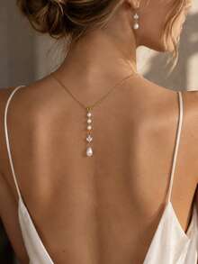 Juego de joyería de 3 piezas con mariposa, pedrería, gota de agua y perla, collar convertible con diseño frontal y posterior + pendientes colgantes, accesorios nupciales para boda - Cristales - Ver 2