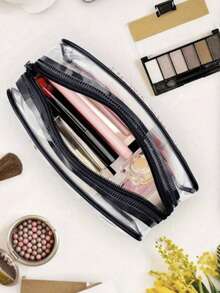 3-Piece Set Neutral Transparent PVC Travel Makeup Bag Set, Lightweight Multi-Color Zipper Makeup Storage Bag, Pink, Black, White And Rose Red, Suitable For Vacation, Carrying, Bathroom And Daily Use Toiletries And Accessories Storage - Black - View 6