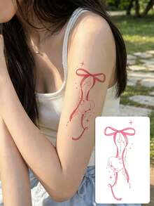 1 Sheet Pink Bow Heart Temporary Tattoo Stickers, Gradient Ribbon With Dotted Line Fake Tattoos, Sweet Girly Aesthetic Body Art For Women, Waterproof Upper Arm Decor - Multicolor - View 1