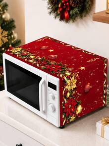 1pc Christmas Microwave Oven Cover, Bow&Christmas Ball, Poinsettia Design Polyester Household Kitchen Microwave Oven Dust Cover, Perfect For Holiday Kitchen Decor & Appliance Protection, Christmas Decoration, 2D Flat - Multicolor - View 5