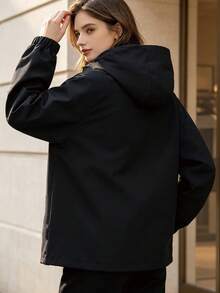 Jaket Berkerudung Kasual Olahraga Luar Ruangan Musim Semi/Gugur Ukuran Besar untuk Wanita - Hitam - View 2