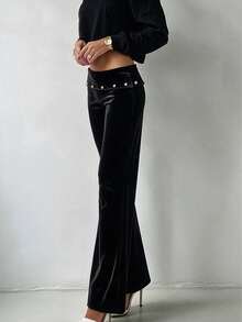 Women's Black Velour Mid Rise Wide Leg Pants Stud Detail Party Night Out Trousers - Black - View 3