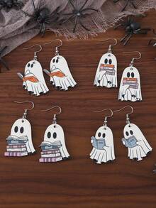 Whimsical Halloween Cute Bookworm Ghost Pendant Earrings, Vintage Wooden Gothic Party Double-Sided Ear Accessories, Bookworm Theme, Spooky Semester Jewelry, Gift For Women, Book Lovers, Party Enthusiasts And Halloween Fans, Library Gothic Style Accessory - Multicolor - View 3