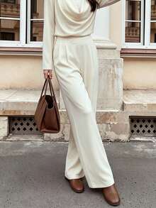 Fall Women High Waist Pleated Wide Leg Pants, Elastic Back Waist Casual Trousers With Pockets - Apricot - View 8