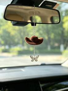 1pc Denim Hat Butterfly Pendant Car Rearview Mirror Hanging Decoration, Car Interior Decor Accessory, Car Decoration - A - View 4