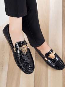 GAISIMA Men's Black Crocodile Embossed Loafers, Gold Metal Decor Luxury Slip-On Dress Shoes, Suitable For Business Banquets - Black - View 5