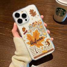 1pc Transparent Vintage Autumn Maple Leaf Squirrel Sticker Phone Case Cartoon Newspaper Collage Compatible With Apple 17Promax/11/12/13/14plus/15/16pro - Maroon - View 2