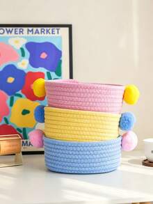 1pc Handmade Cotton Rope Woven Storage Baskets, Soft Texture, Macaron Pastel Color, Braided Weave Pattern, All Season, Minimalist Nordic Style, For Adults, Desktop, Bedroom, Home Tabletop Organizer For Cosmetics, Sundries & Toys - Multicolor - View 9
