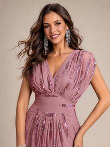 EVERPRETTY Autumn Elegant Charming Pink Sequin Embroidered V-Neck Batwing Sleeve Slit Evening Gown Formal Dress Suitable For Party, Dinner, Semi-Formal Occasions - Dusty Pink - View 8