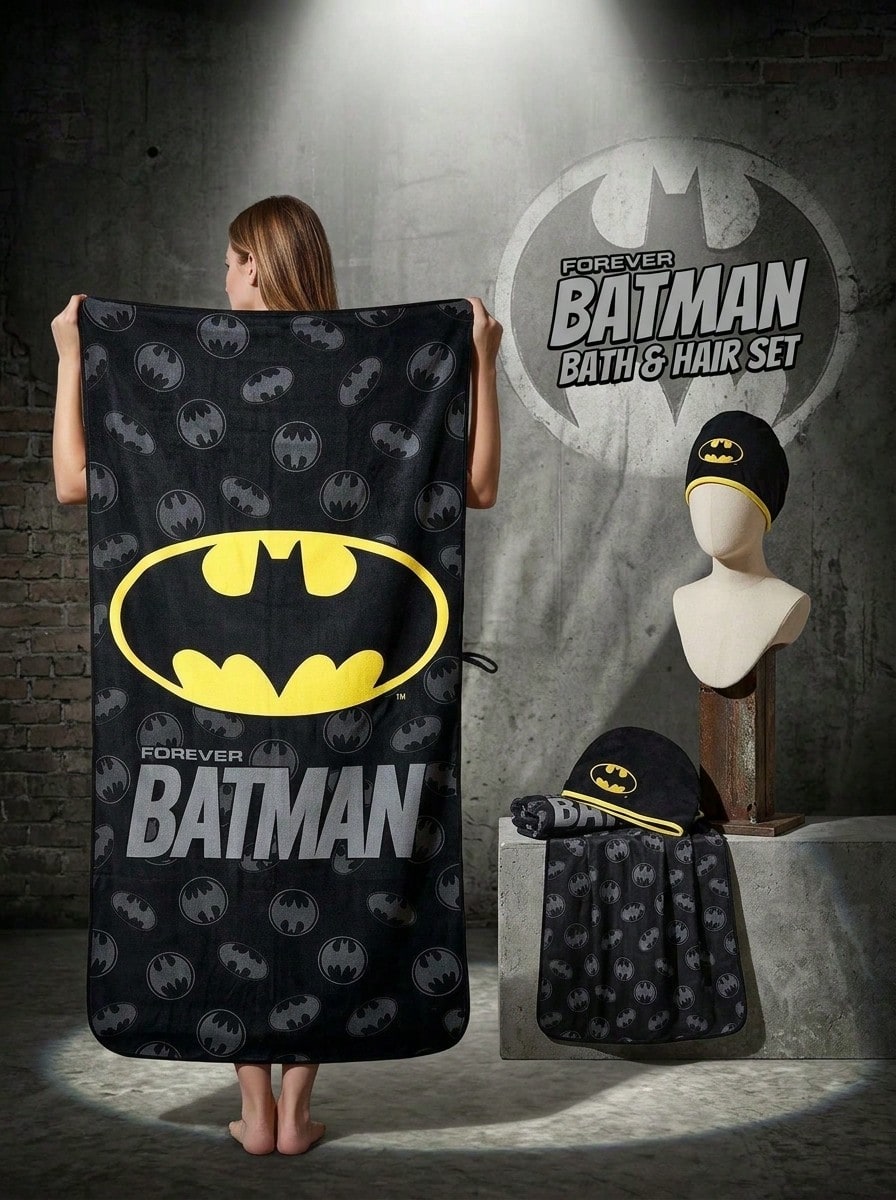 Batman X Joivida Bat Bath Towel Hair Drying Cap Set, Superhero Shower Towel, Soft Absorbent Bath Towel, Quick-Dry Hair Wrap, Bathroom Accessories And Gift Set - Black - View 1