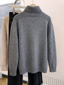 Minimalist Fashion Women's Knitted Turtleneck Sweater, Long Sleeve Ribbed Patchwork Textured Detail Pullover, Suitable For Cold Weather, Wool Blend - Grey - View 5