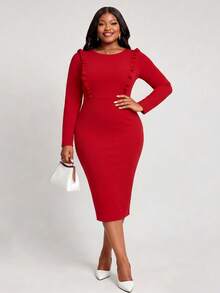 NOU Women's Mid-Length Fitted Dress, Round Neck, Long Sleeve, Double-Layer Ruffle Front, Stretchy Fabric, Comfortable And Non-Restrictive - Red - View 4