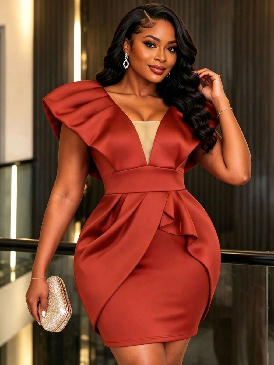 Glamorous Burgundy Deep V Neck Short Dress With Ruched Cap Sleeves And Ruched Draped Detail For Elegant Evening Wear - Red - View 1