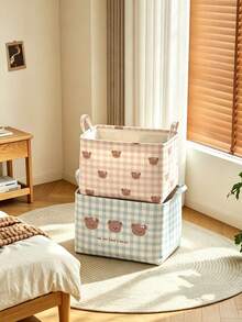 1pc Bear Print Checkered Storage Bin,Sweet Minimalist Style Fabric Rectangular Shape With Carry Handle Detail,Foldable Large Capacity Clothes Sundries Storage Organizer,For Bedroom Home Daily Use All Season Household Decor Christmas Clothing Storage - Multicolor - View 7