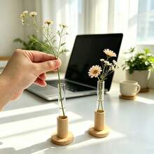 Test Tube Vase With Wooden Base, Clear Glass Hydroponic Flower Holder, Minimalist Tabletop Floral Decor, 1-Tube (2Pcs/Set), 2-Tube & 3-Tube (1Pc/Set) - 3 Styles - View 5