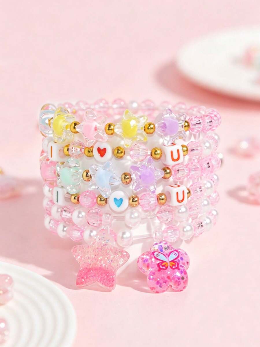 6pcs/Set Girls Cute Star & Flower Charm Bracelet Multicolor Beaded Children Jewelry Bracelet, Suitable For Holiday Party Birthday Gift - Multicolor - View 1