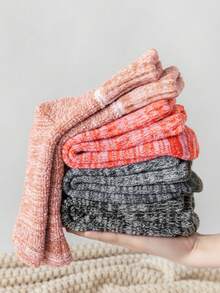 1/3/5 Pairs Women Super Thick Thermal Crew Socks, Retro Marled Striped Terry Lined Winter Socks, Cold Resistant Warm Knit Mid Calf Socks For Snow Days - Multicolor - View 4