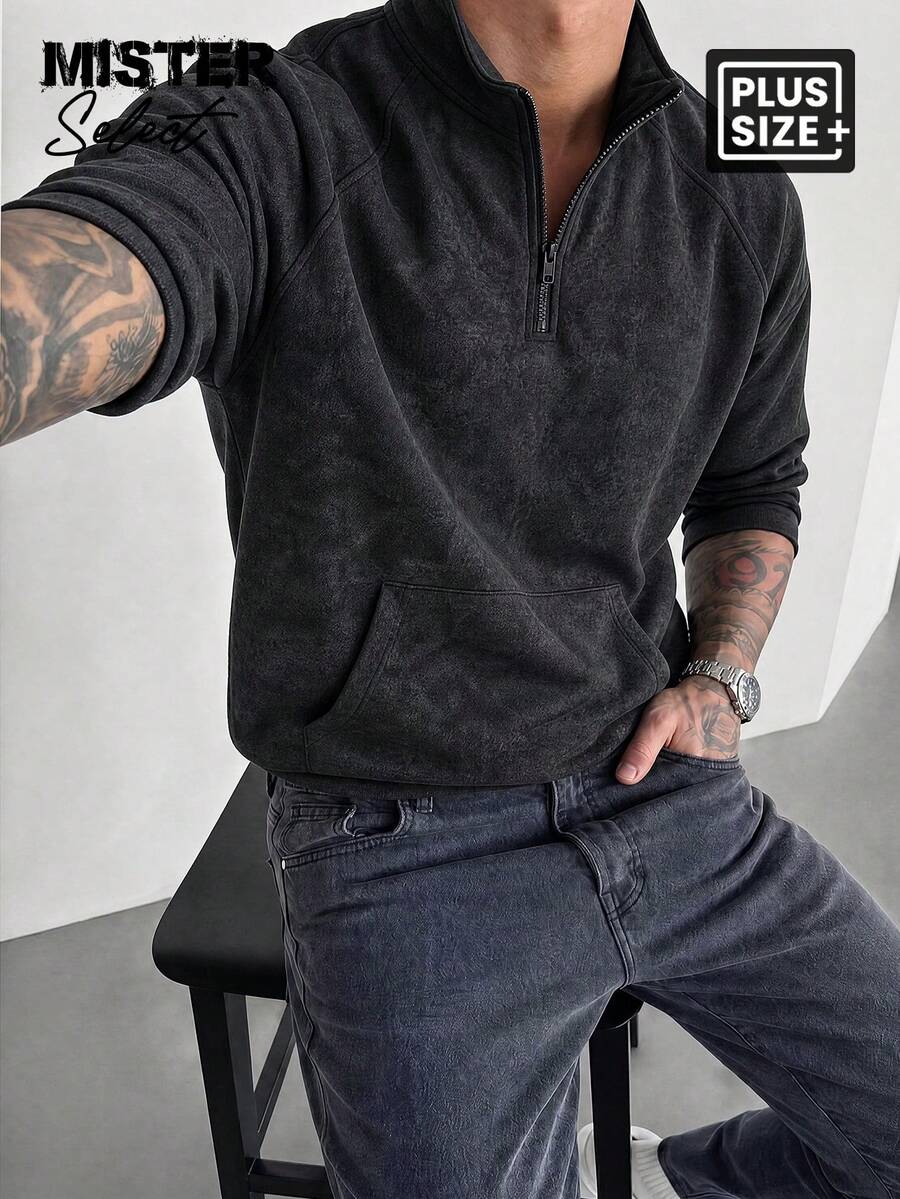 MISTER SELECT Plus Size Men's Vintage Half-Zip Pullover | Premium Relaxed Fit Fall Winter Layering Top, Mature Men Casual Essential