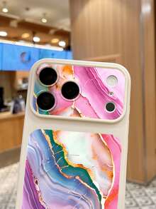 1pc Cream White Frame Rainbow Gold Fluid Marble Pattern Large Window Phone Case, Raised Lens Full Coverage Shockproof Soft Shell, Artistic Gradient Print Phone Case, Luxury Fashion Birthday Gift Compatible With IPhone Case & Galaxy Case, Compatible With IPhone 18 Phone Case, Compatible With IPhone 18 Pro Max, Compatible With IPhone 16, S25 Ultra Phone Case, S24 Ultra Phone Case - White - View 3