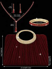 This Gold Herringbone Patterned Clutch Bag Is Adorned With Sparkling Rhinestones, Making It A Luxurious And Glamorous Formal Evening Bag. It Comes With A Sparkling Rhinestone Three Pieces Set, Including A Rhinestone Pendant Necklace, Earrings, And Bracelet, Making It A Perfect Gift For Evening Parties, Parties, Birthdays, Weddings, And Other Occasions. - Burgundy - View 3