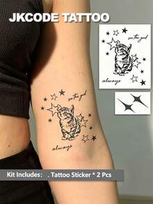 JKCODE TATTOO 2 Pcs Semi-Permanent Tattoo, "Cosmic Cat" Tattoo, Realistic Design, Star, Hand Tattoo, Mini Tattoo For Arm, Waterproof, Realistic Fake Tattoos, Botanical, Magic Tattoos, Lasts 1-2 Weeks, Neck Tattoo For Women, Perfect Gift - Dark Grey - View 8