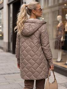 Women's Long Quilted Hooded Jacket Zip Front Diamond Stitch Ribbed Cuffs Regular Fit - Beige - View 3