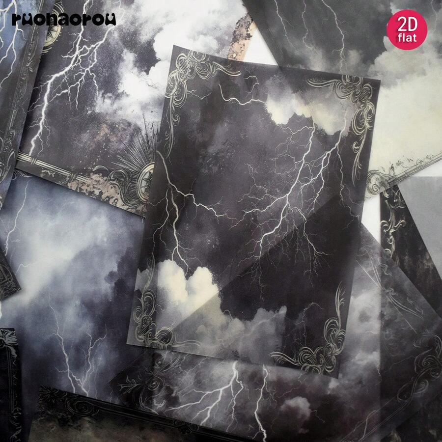 Ruonaorou 12pcs/Set Vintage Dark Clouds & Lightning Gothic Style Translucent Vellum Paper Junk Journal Material, Premium Translucent Dark Clouds & Lightning Vellum Paper For Planner, Journal, Diary, Envelope, Greeting Card Decoration DIY Junk Journal (2D Flat A5) - A - View 1