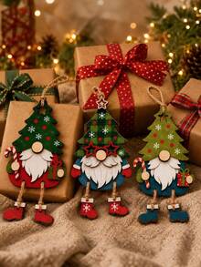 3pcs Wooden Christmas Elf Hanging Ornaments, Tree Hat Gnome Pendant With Swinging Legs, Boots And Candy Cane Gift Design, Rustic Wooden Christmas Tree Door Wall Decor, Winter Holiday Home Party Supplies - Multicolor - View 3