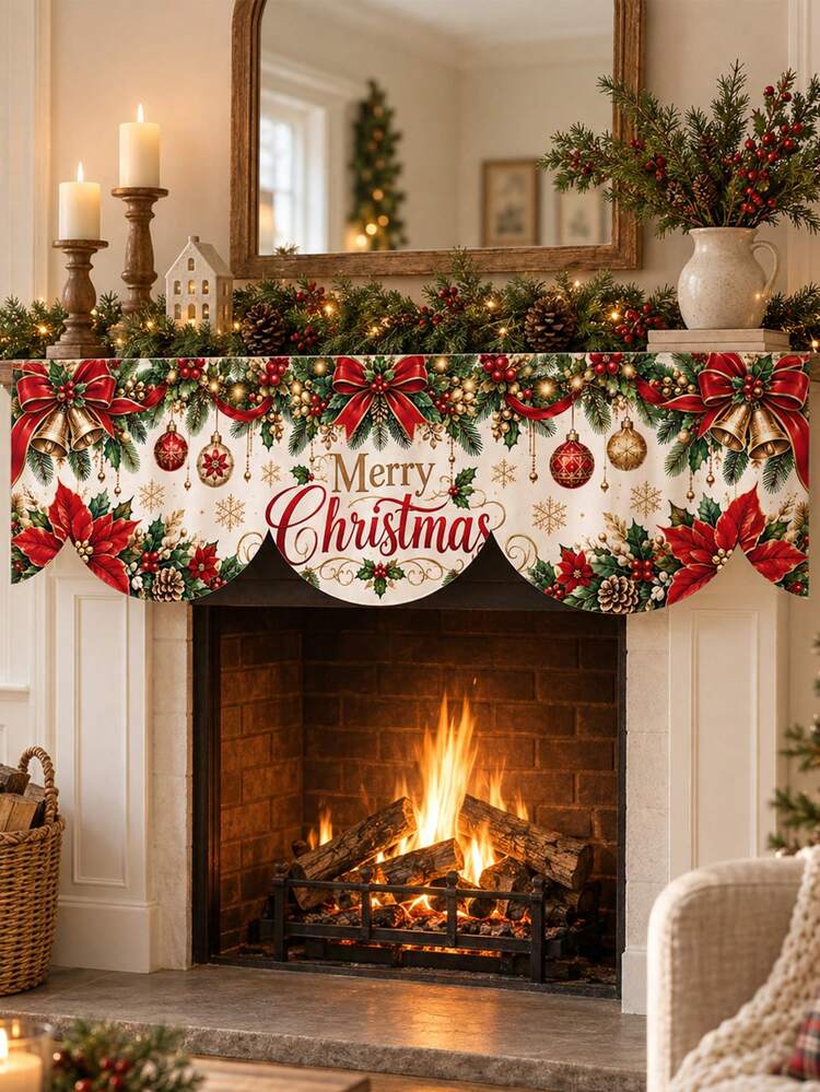 1PC Red Green Merry Christmas Fireplace Mantel Scarf, Traditional Poinsettia Bow Bell Polyester Scalloped Fireplace Valance With Holly Pinecone Ornament Print, Holiday Mantel Cover For Living Room Christmas Party Winter Home Decor - Multicolor - View 6