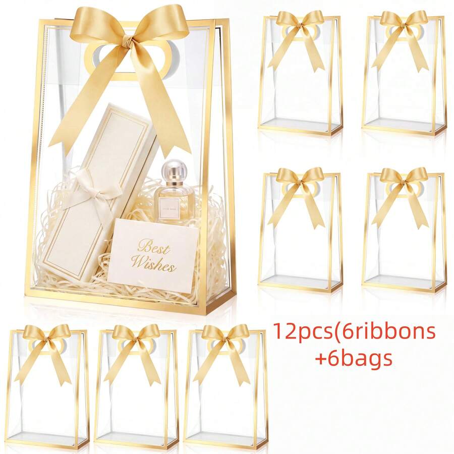 12pcs Transparent Gold Foil Plastic Gift Bags (6/12) With Champagne Ribbons, (6pcs Bags+6pcs Ribbons) Perfect For Wedding Favors And Party Favors, Reusable Waterproof Transparent PVC Gift Shopping Bags, Gift Packaging Bags, Suitable For Women's Weddings, Parties And Holiday Gifts, Valentine's Day, Mother's Day Gift Packaging Bags, Transparent Waterproof Bags, Suitable For Summer, Vacation And Beach, Halloween Christmas Gift Bags - Transparent Gold-rimmed Gift Bag (with Ribbon) - View 1