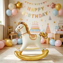 1pc Standing 3D Rocking Horse Aluminum Foil Balloon, Indoor Tabletop Party Decoration, Birthday Party Atmosphere Background Decor, Room Arrangement - Golden Rocking Horse - View 3