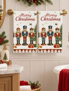 Christmas Towel Merry Christmas Decorative Kitchen Hand Towel Nutcracker Holly Snowflake Christmas Tree Gift Box Pattern Red Holiday Gift Home Decor Kitchen Bathroom Towel - Multicolor - View 6