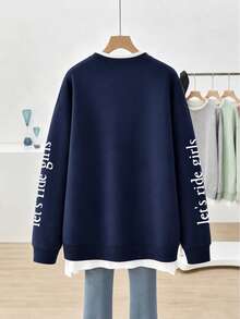 Plus Size Women's 2 In 1 Sweatshirt, Witch Broom Fun Graphic Print, Sleeve Letter Print, Loose Casual Drop Shoulder Long Sleeve Pullover - Navy Blue - View 2