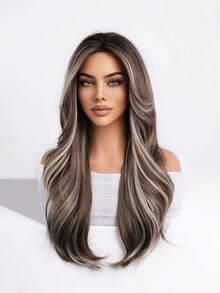 20 Inch Gradient Brown Gray Long Wavy Heat-Resistant Synthetic Hair Wig, Adjustable Breathable Mesh Cap, Suitable For Daily Wear, Halloween Party - Gray Highlight - View 9