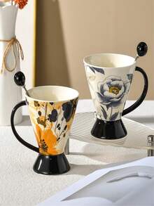 1 Flower Ceramic Coffee Cup, Flower Patterned Conical Ceramic Tea Cup, Black Handle And Base Coffee Drinking Cup, Unique Desktop Decoration, Suitable For Daily Household Use, Office, Friends And Colleagues, Coffee Enthusiasts As A Housewarming Gift - Multicolor - View 4