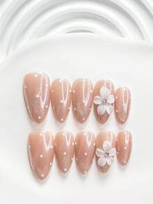 10片裝秋季極簡手工穿戴甲，波點花卉白色 Poly Gel 美甲套組，可愛風格，含美甲工具，3種尺寸可選，方型/短方型/杏仁形，適合派對、跳舞、日常配戴（手工細節可能有所不同） - 彩色 - 查看 18